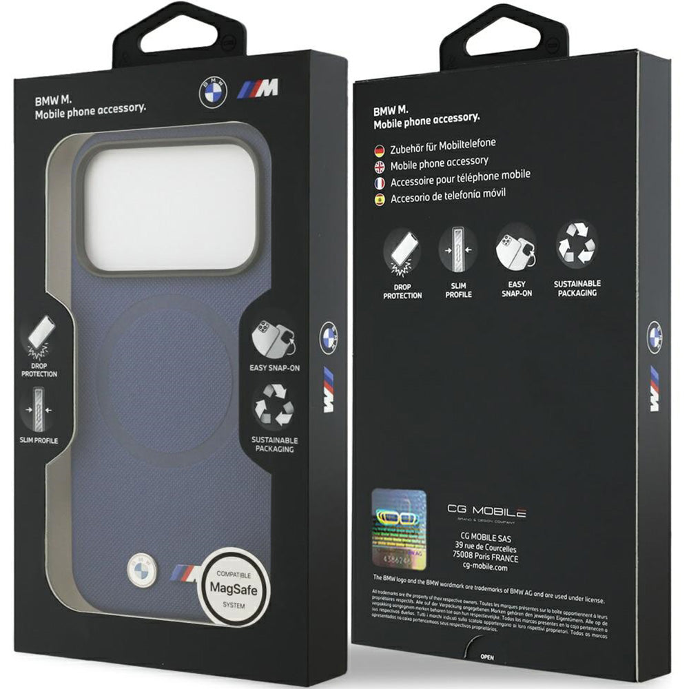 Handyhülle für iPhone 17 Pro, BMW HardCase M FW Metal Logo mit MagSafe, Dunkelblau