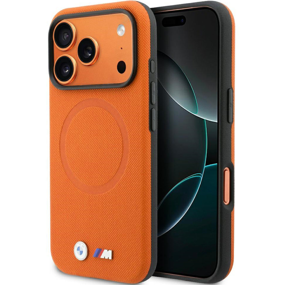 Handyhülle für iPhone 17 Pro, BMW HardCase M FW Metal Logo mit MagSafe, Orange