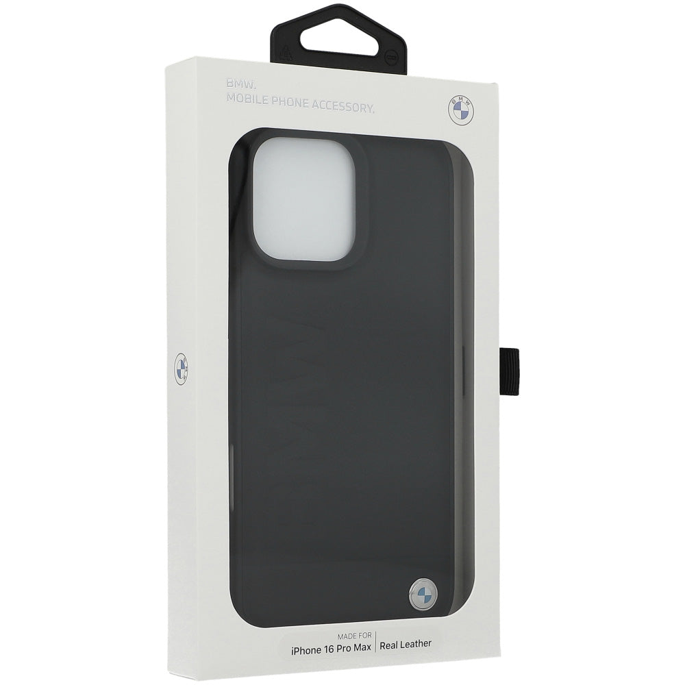 Handyhülle für iPhone 16 Pro Max, BMW Leather Hot Stamp, Schwarz