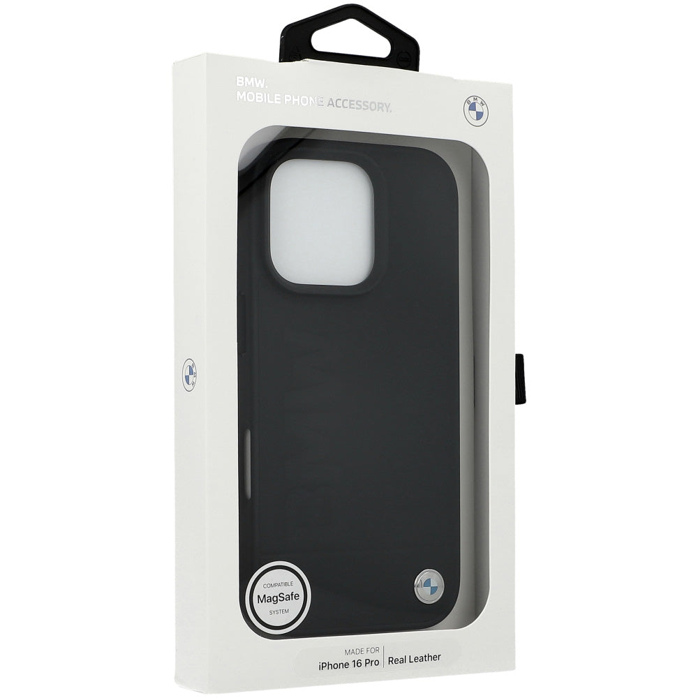 Handyhülle für iPhone 16 Pro mit MagSafe, BMW Leather Hot Stamp, Schwarz