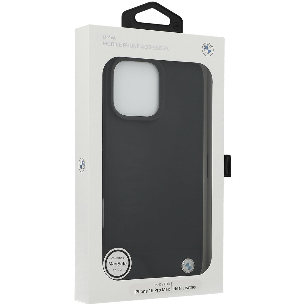 Handyhülle für iPhone 16 Pro Max mit MagSafe, BMW Leather Hot Stamp, Schwarz