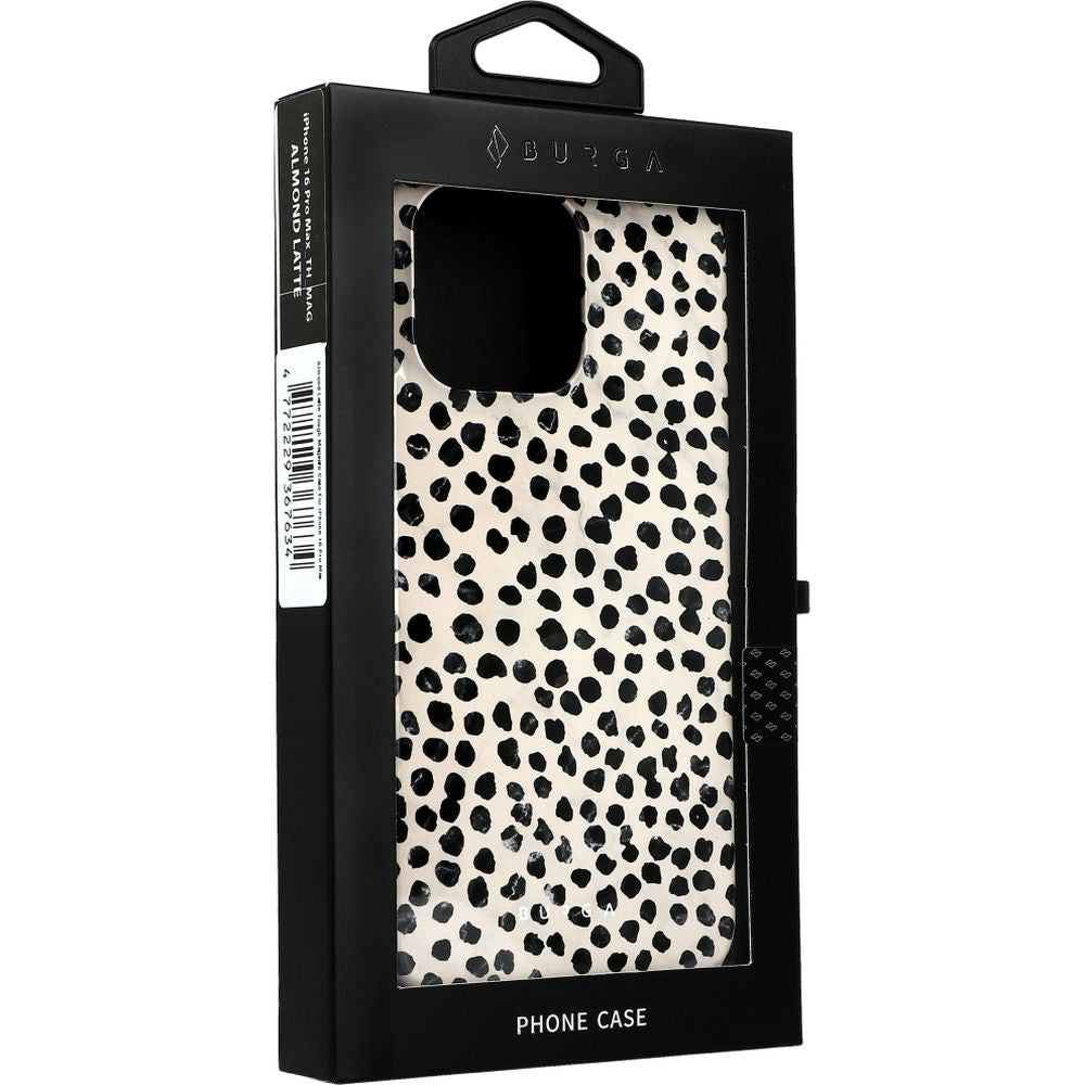 Handyhülle für iPhone 16 Pro Max, Burga Almond Latte Tough Magnetic, Beige mit schwarzen Punkten