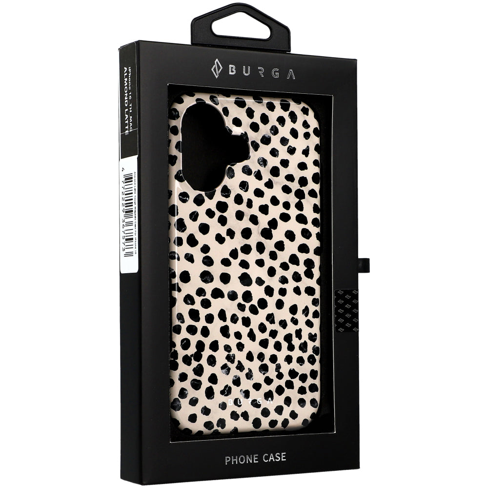 Handyhülle für iPhone 16, Burga Almond Latte Tough Magnetic, Beige mit schwarzen Punkten