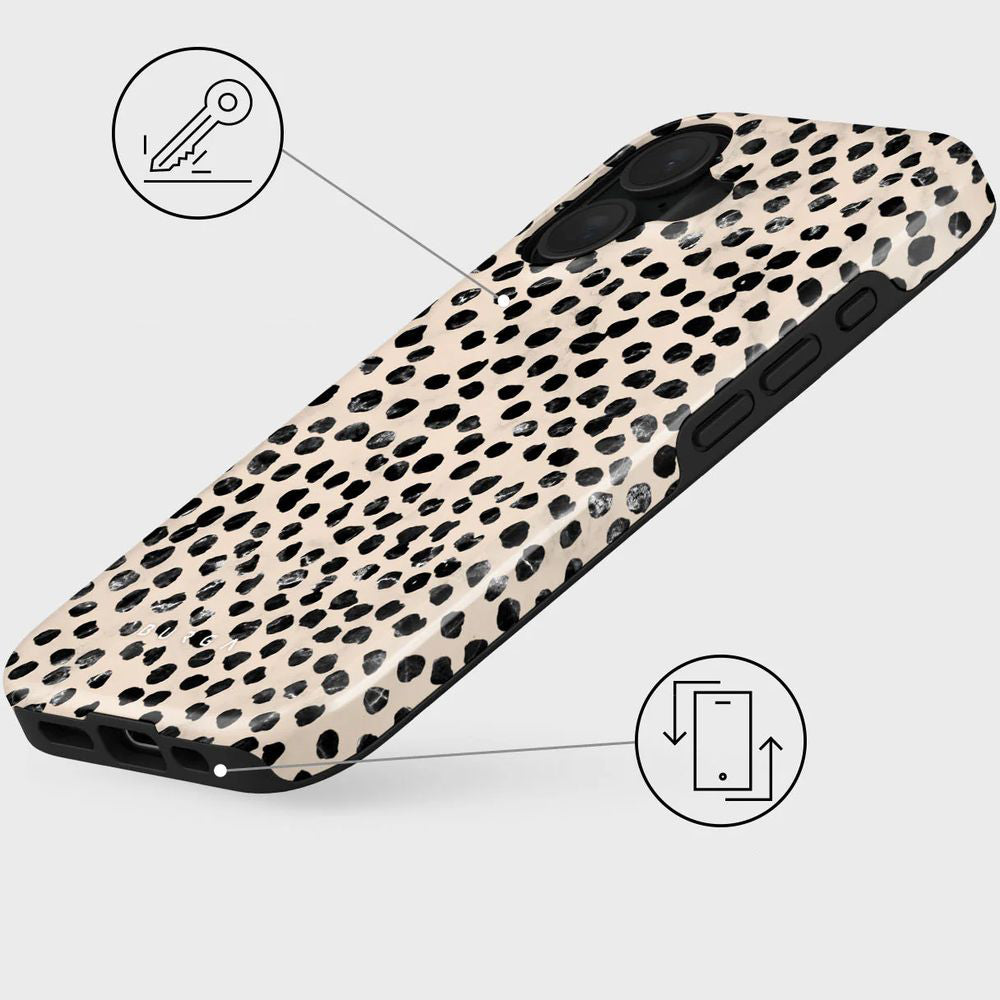 Handyhülle für iPhone 16, Burga Almond Latte Tough Magnetic, Beige mit schwarzen Punkten