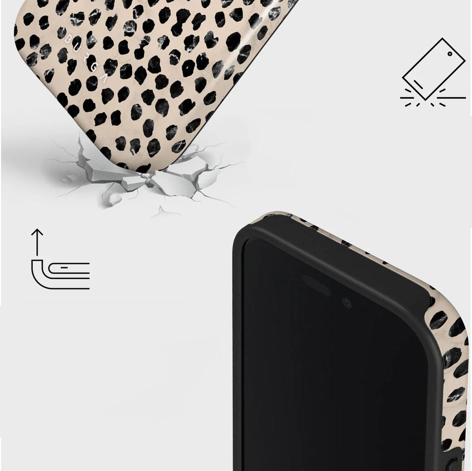 Handyhülle für iPhone 16, Burga Almond Latte Tough Magnetic, Beige mit schwarzen Punkten