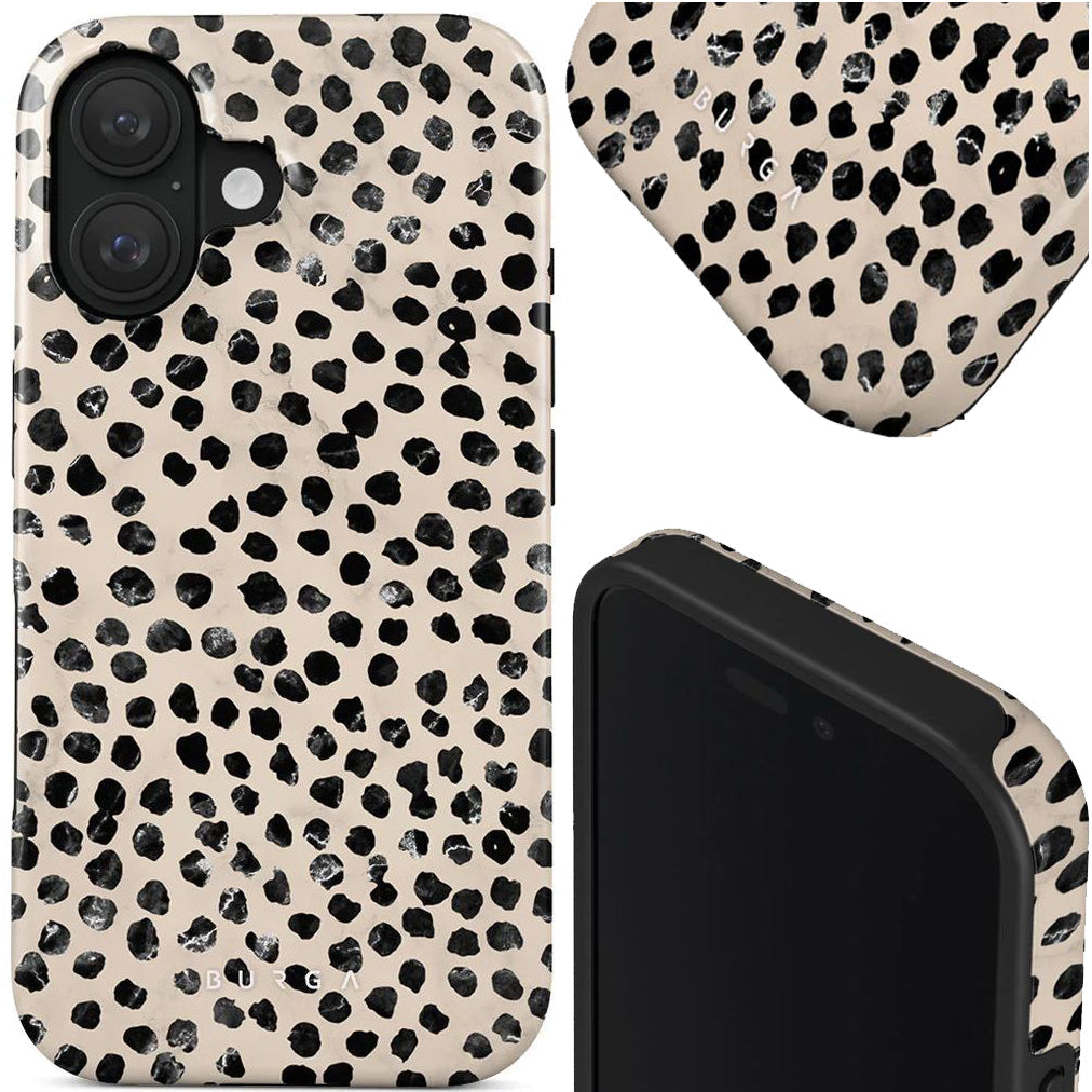 Handyhülle für iPhone 16, Burga Almond Latte Tough Magnetic, Beige mit schwarzen Punkten