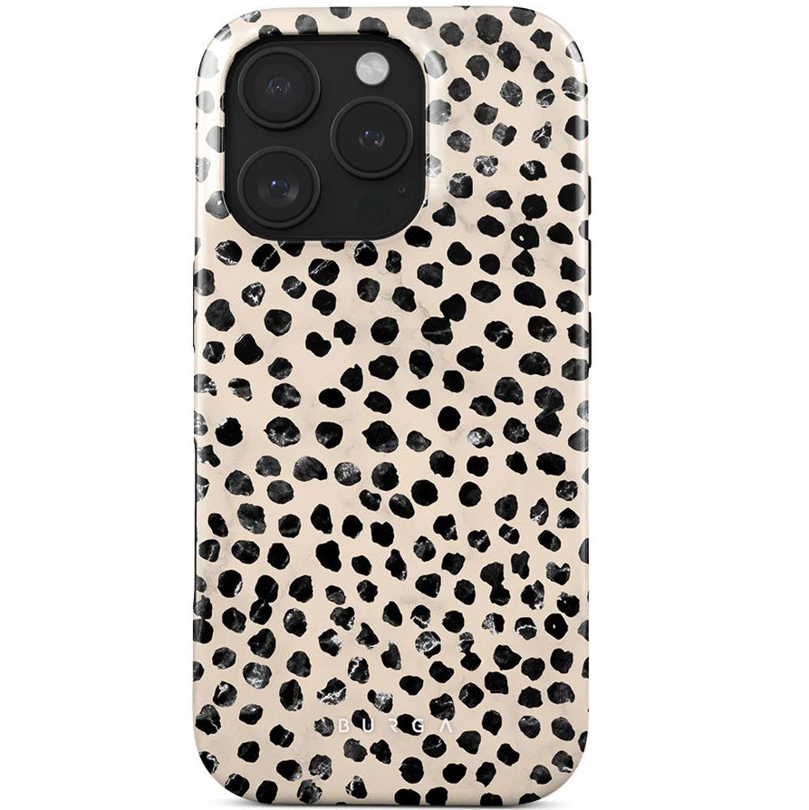 Handyhülle für iPhone 16 Pro, Burga Almond Latte Tough Magnetic, Beige mit schwarzen Punkten