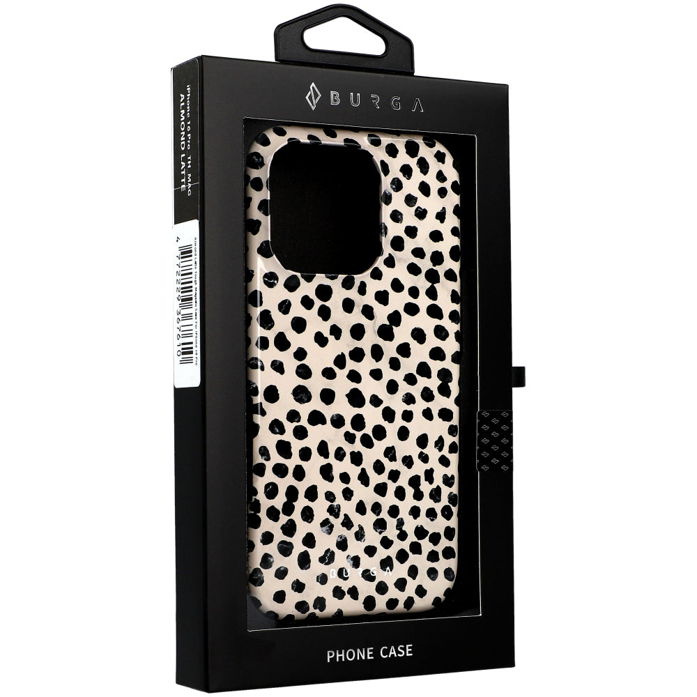 Handyhülle für iPhone 16 Pro, Burga Almond Latte Tough Magnetic, Beige mit schwarzen Punkten