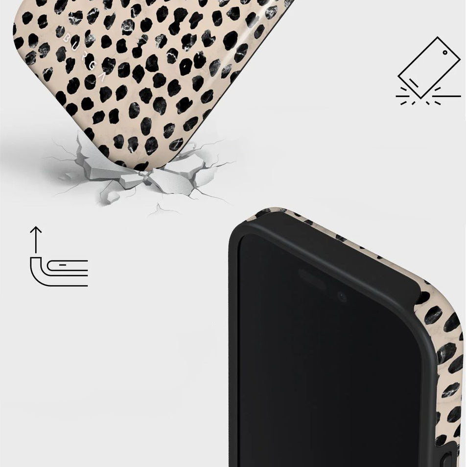 Handyhülle für iPhone 16 Pro, Burga Almond Latte Tough Magnetic, Beige mit schwarzen Punkten