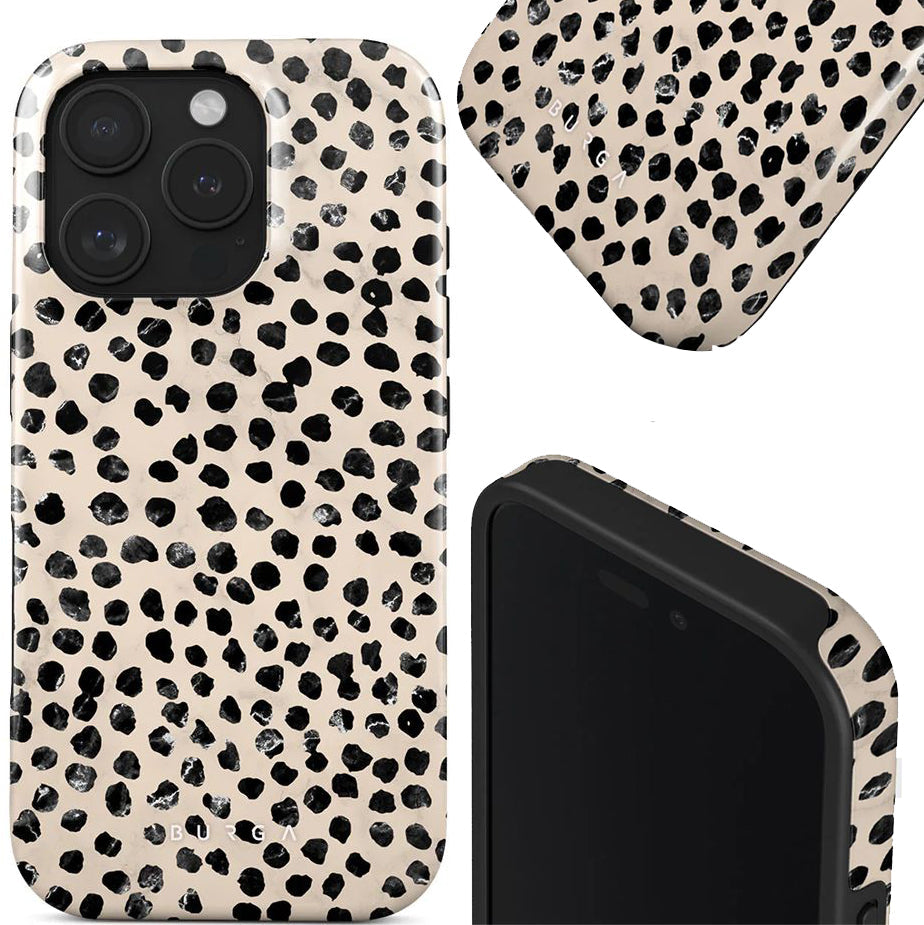 Handyhülle für iPhone 16 Pro, Burga Almond Latte Tough Magnetic, Beige mit schwarzen Punkten