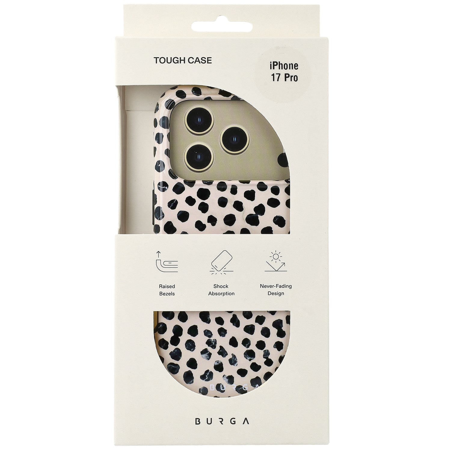 Handyhülle für iPhone 17 Pro, Burga Almond Latte Tough Magnetic, Beige mit schwarzen Punkten