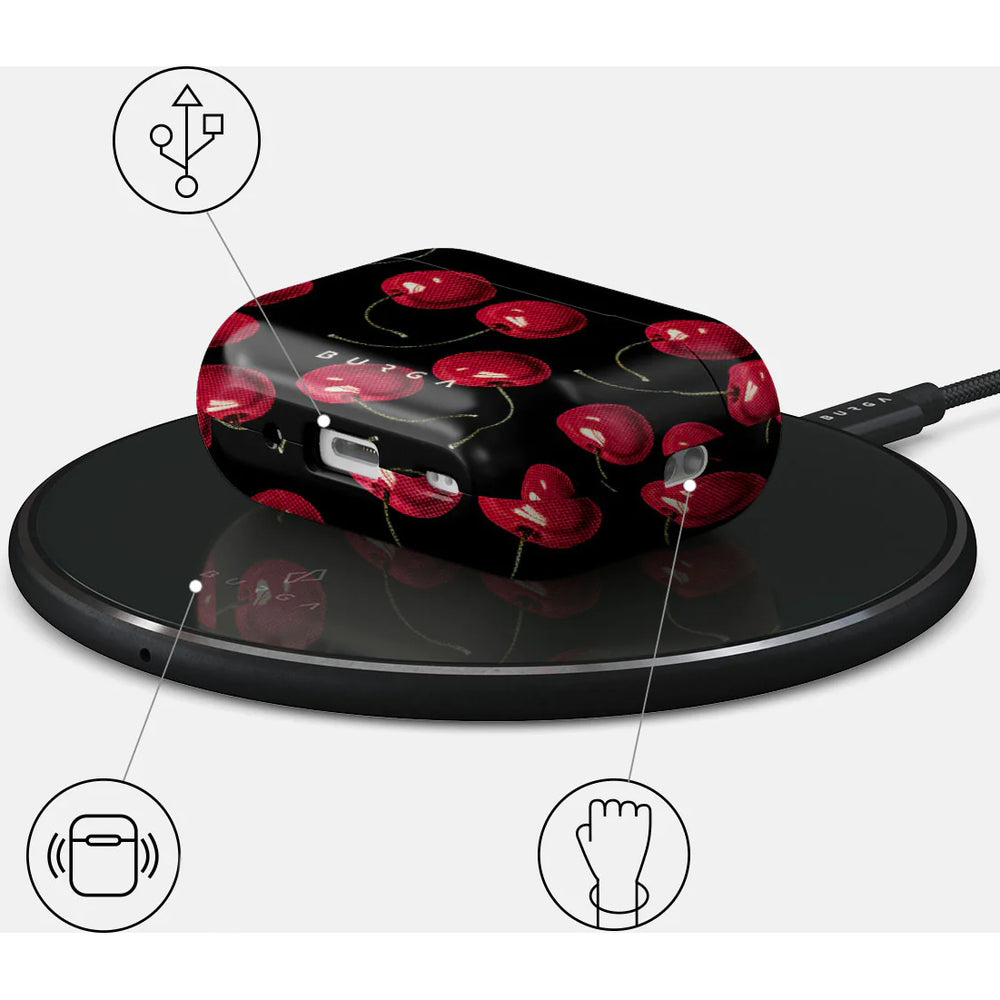 Schutzhülle für AirPods Pro 2, Burga Cherrybomb, Schwarz mit Kirschmuster