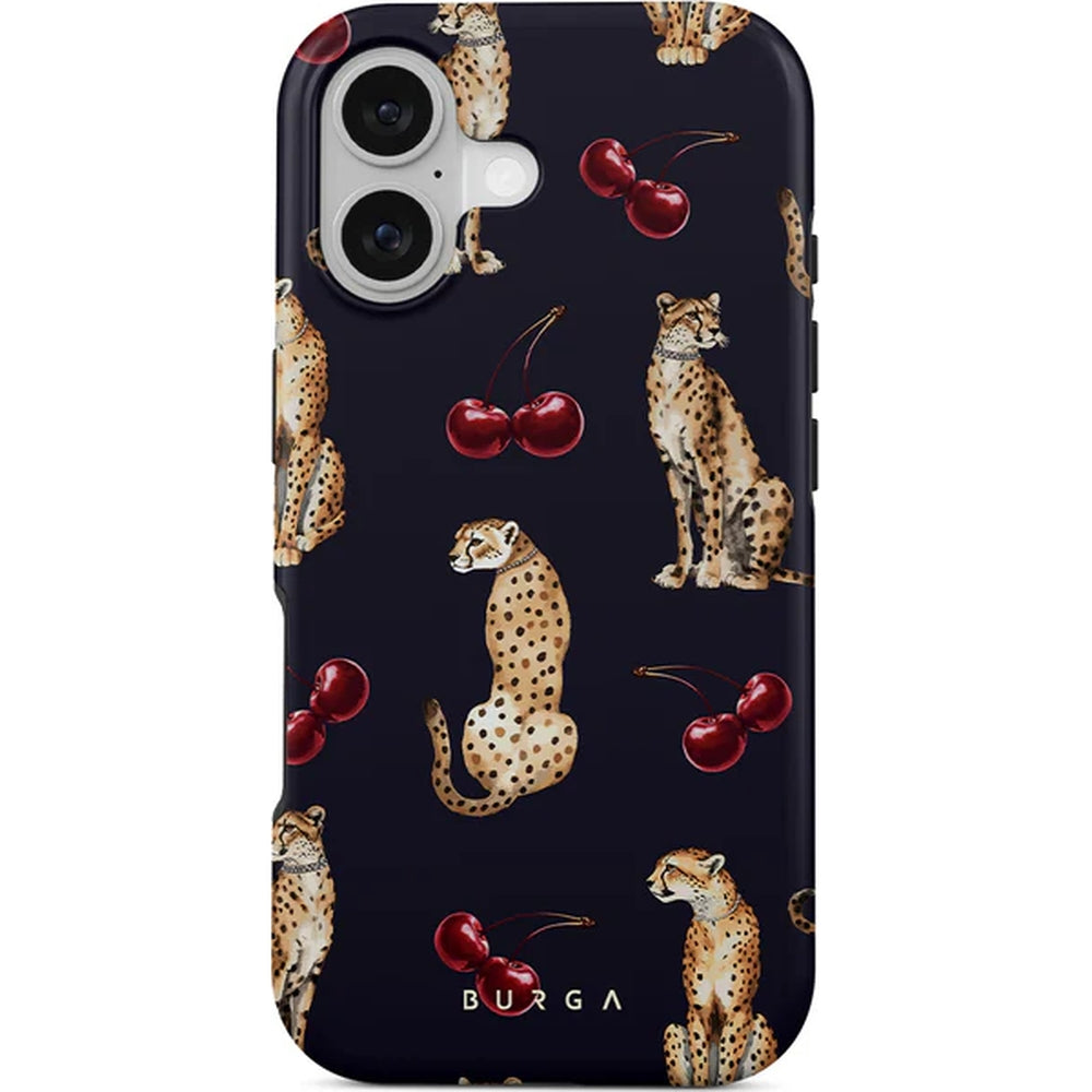 Handyhülle für iPhone 17, Burga Cougar Tough Magnetic, Dunkelblau mit Kirschen und Gepard