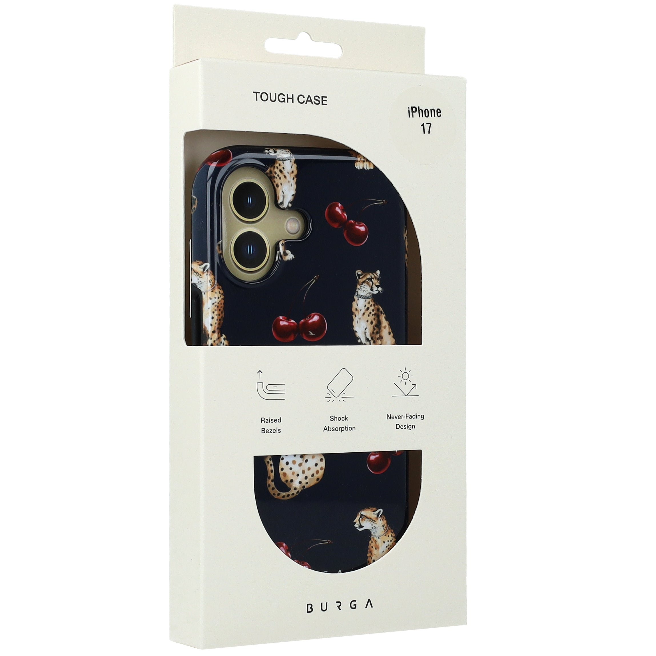 Handyhülle für iPhone 17, Burga Cougar Tough Magnetic, Dunkelblau mit Kirschen und Gepard