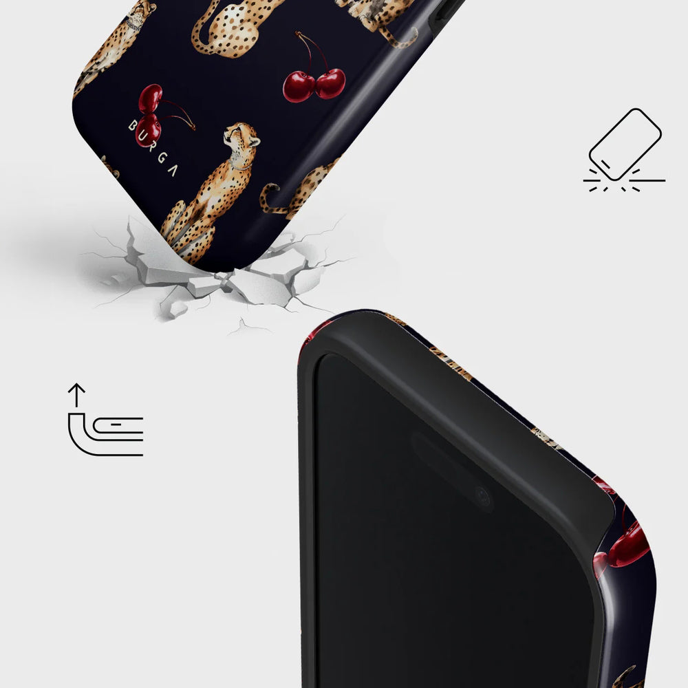 Handyhülle für iPhone 17, Burga Cougar Tough Magnetic, Dunkelblau mit Kirschen und Gepard