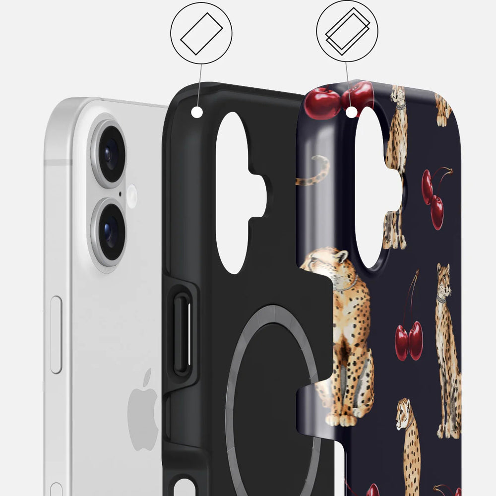 Handyhülle für iPhone 17, Burga Cougar Tough Magnetic, Dunkelblau mit Kirschen und Gepard