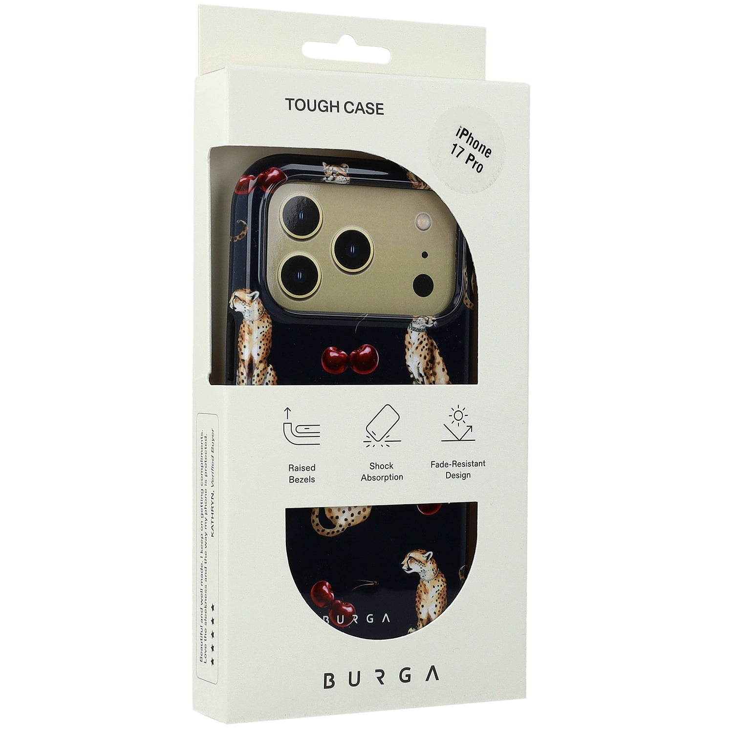 Handyhülle für iPhone 17 Pro, Burga Cougar Tough Magnetic, Dunkelblau mit Kirschen und Gepard