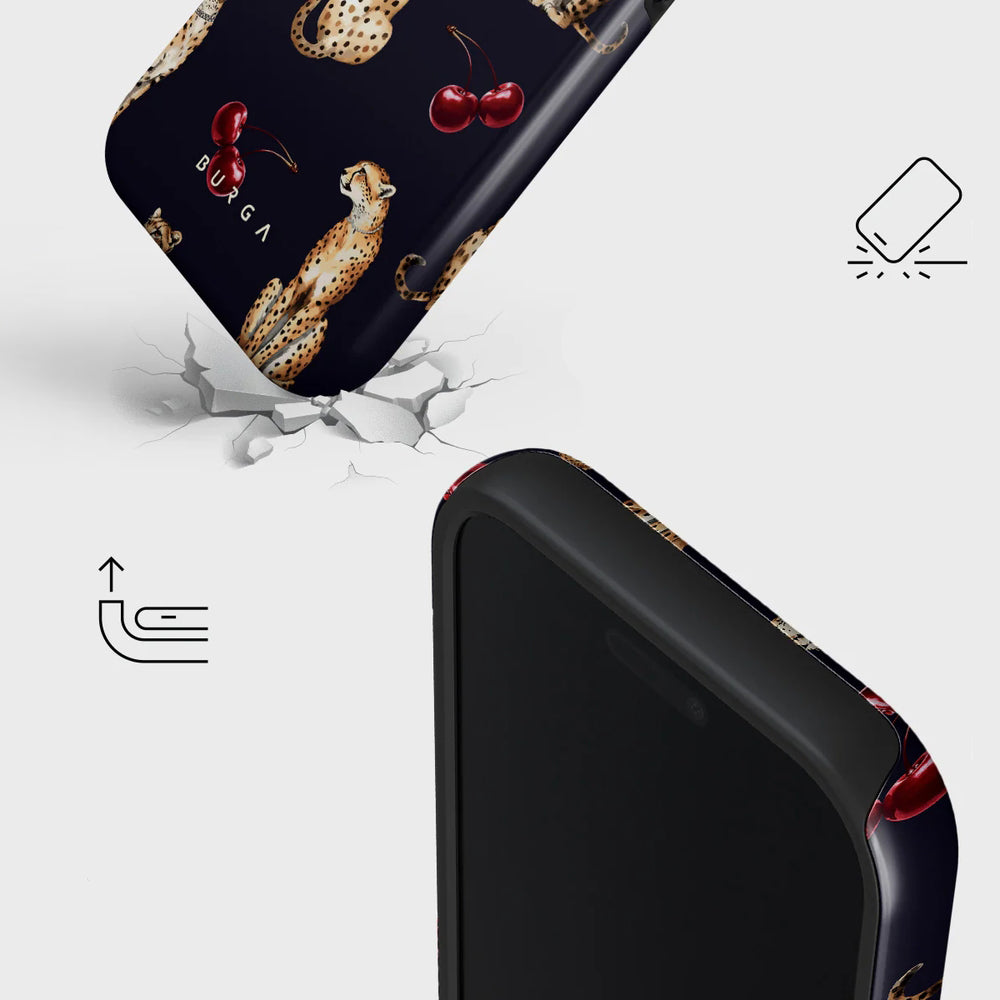 Handyhülle für iPhone 17 Pro, Burga Cougar Tough Magnetic, Dunkelblau mit Kirschen und Gepard