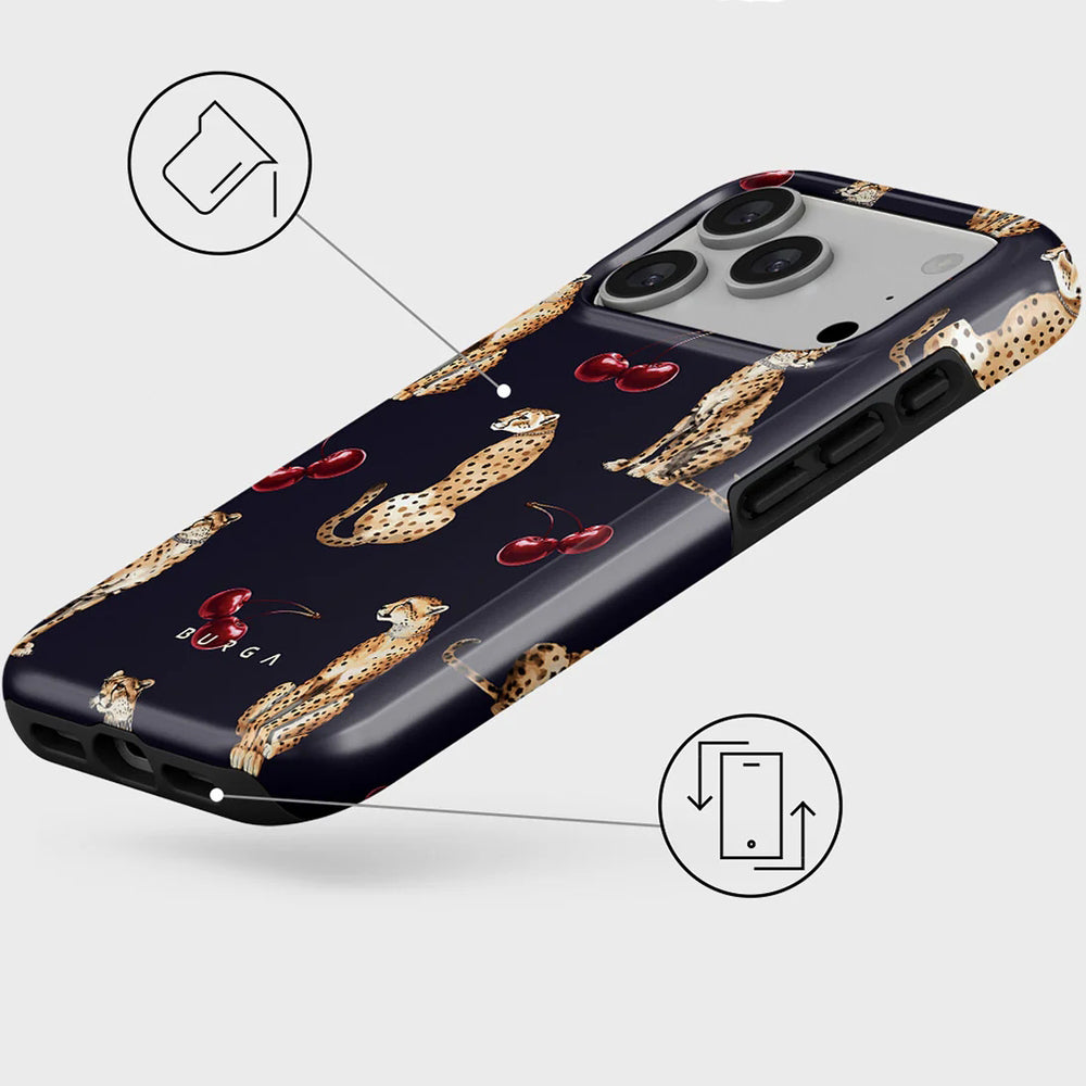 Handyhülle für iPhone 17 Pro, Burga Cougar Tough Magnetic, Dunkelblau mit Kirschen und Gepard