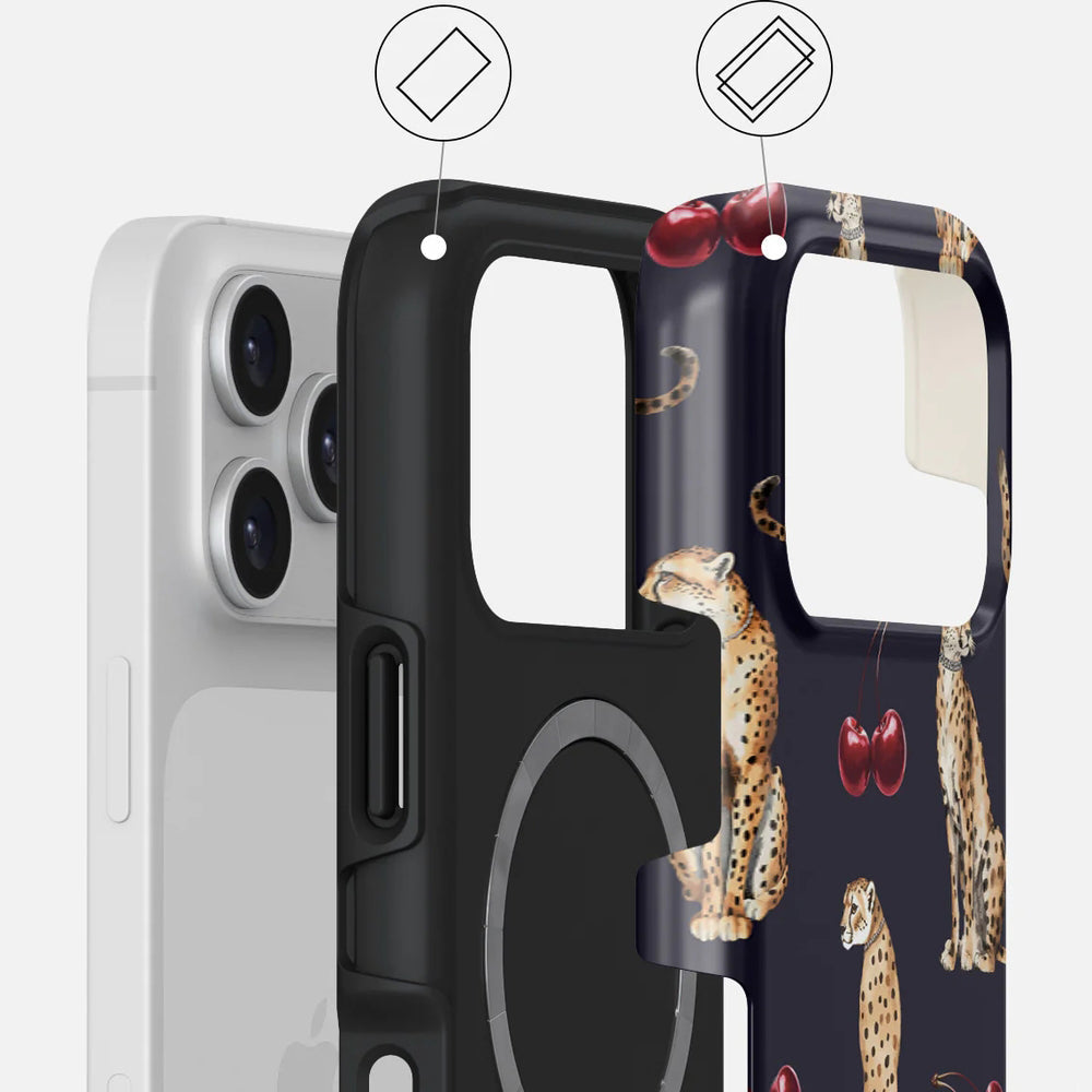 Handyhülle für iPhone 17 Pro, Burga Cougar Tough Magnetic, Dunkelblau mit Kirschen und Gepard