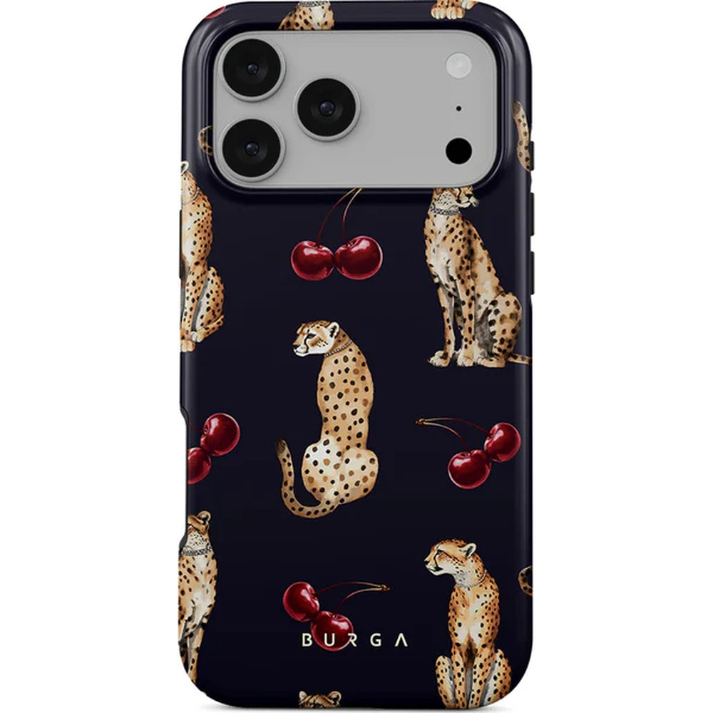Handyhülle für iPhone 17 Pro Max, Burga Cougar Tough Magnetic, Dunkelblau mit Kirschen und Gepard