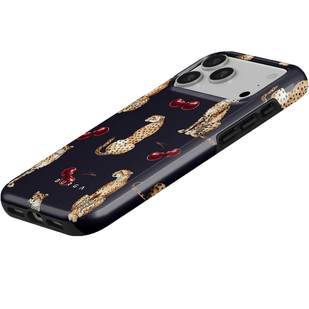 Handyhülle für iPhone 17 Pro Max, Burga Cougar Tough Magnetic, Dunkelblau mit Kirschen und Gepard