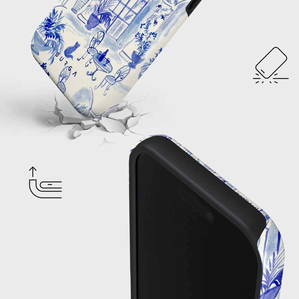 Handyhülle für iPhone 17, Burga Sobremesa Tough Magnetic, Weiß mit blauem Muster