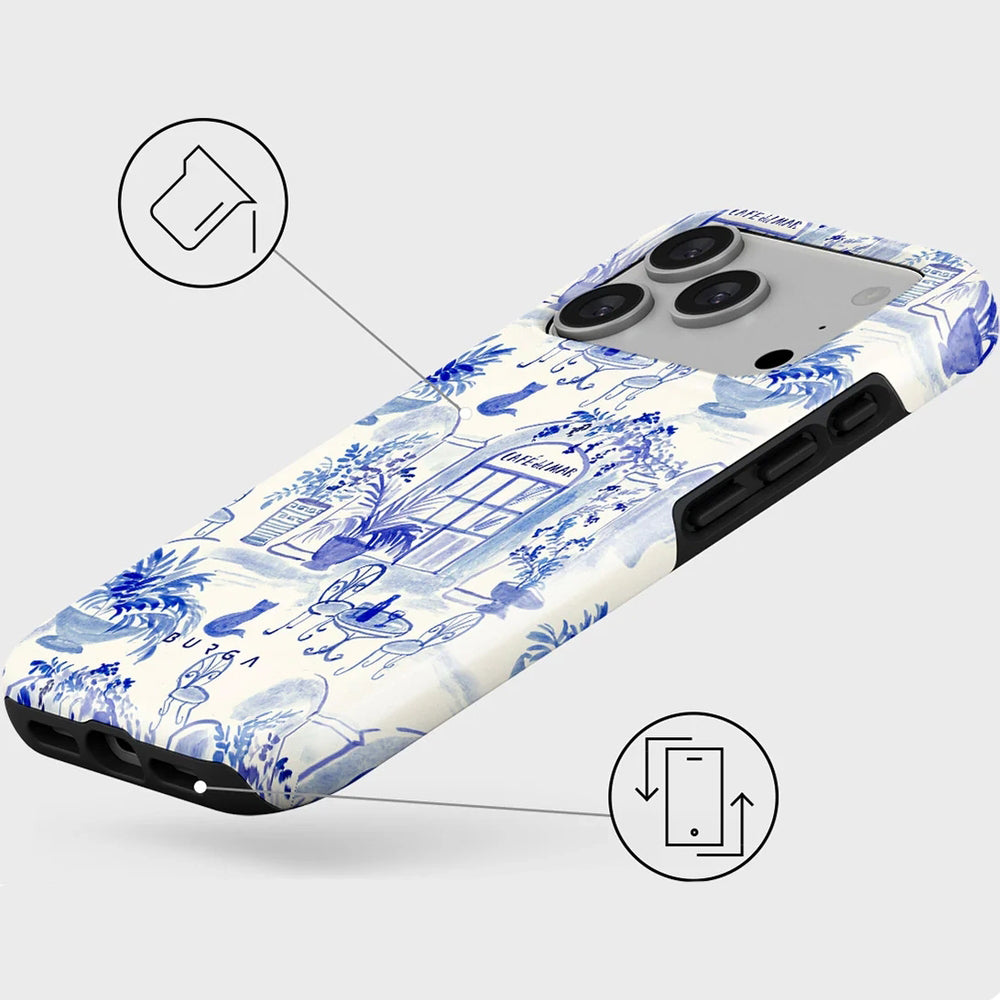Handyhülle für iPhone 17 Pro, Burga Sobremesa Tough Magnetic, Weiß mit blauem Muster
