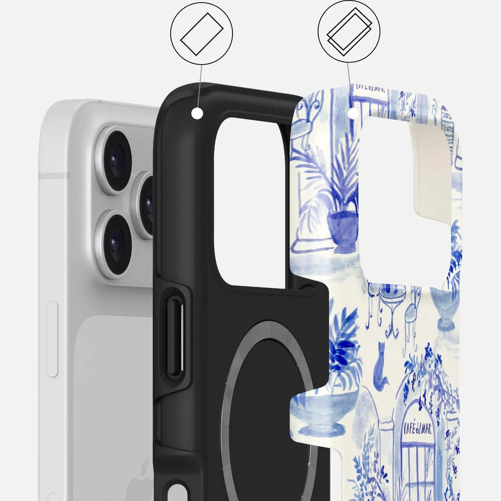 Handyhülle für iPhone 17 Pro, Burga Sobremesa Tough Magnetic, Weiß mit blauem Muster