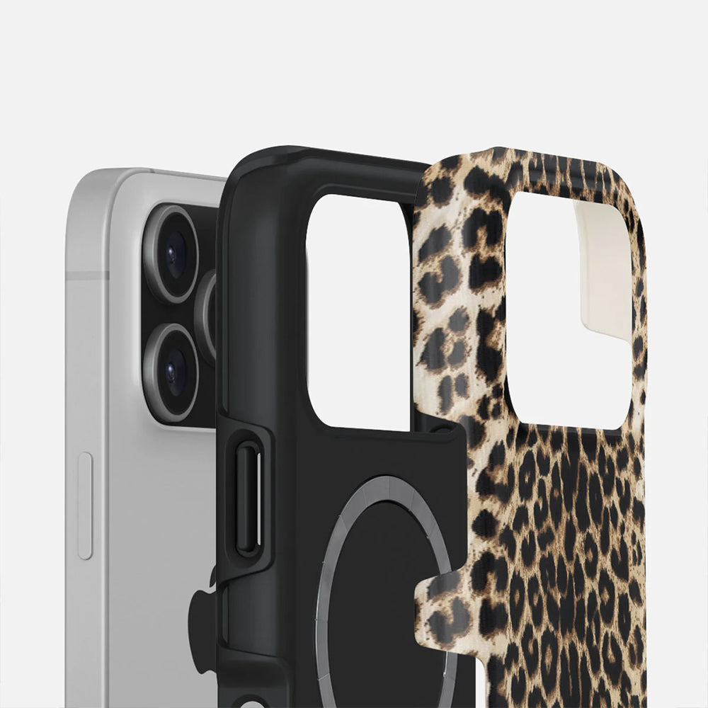 Handyhülle für iPhone 17 Pro, Burga Player Tough Magnetic, Braun mit Leopardenmuster