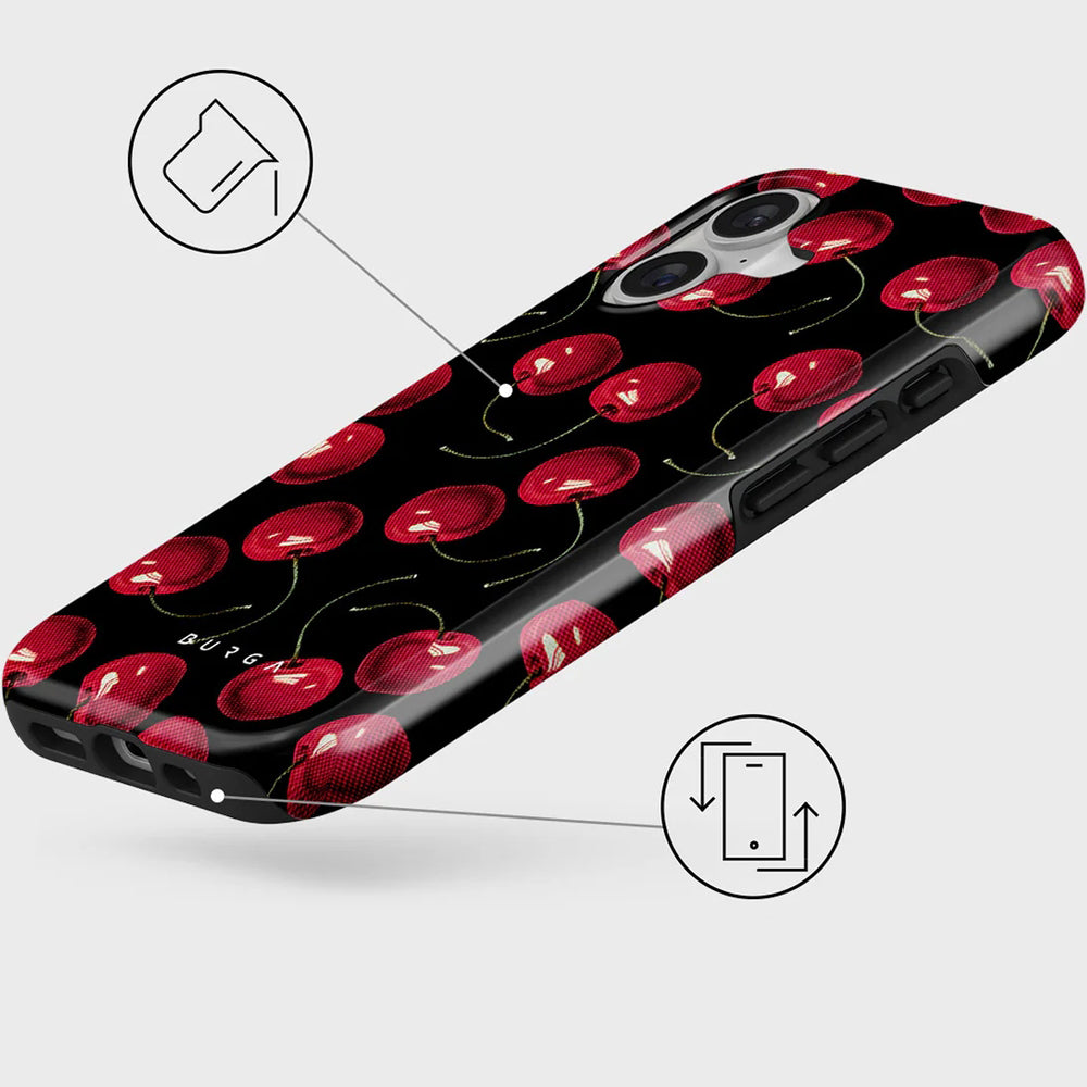 Handyhülle für iPhone 17, Burga Cherrybomb Tough Magnetic, Schwarz mit Kirschen