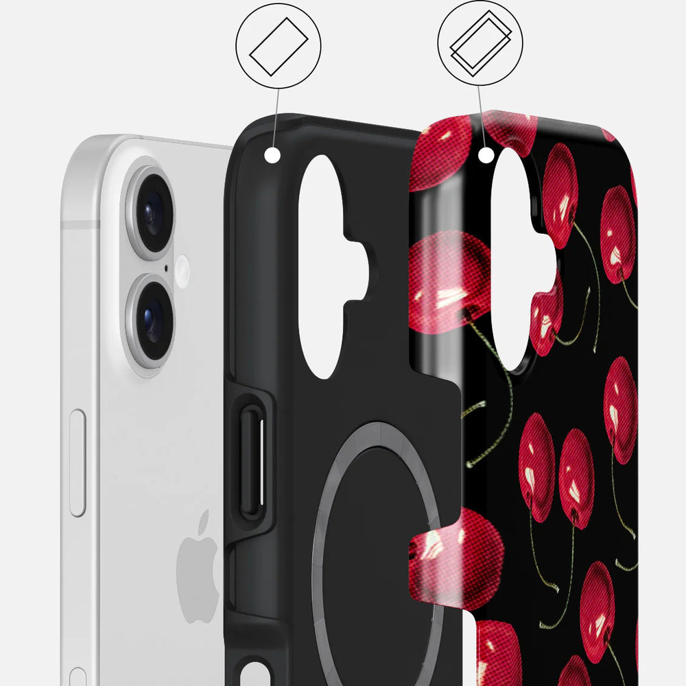 Handyhülle für iPhone 17, Burga Cherrybomb Tough Magnetic, Schwarz mit Kirschen