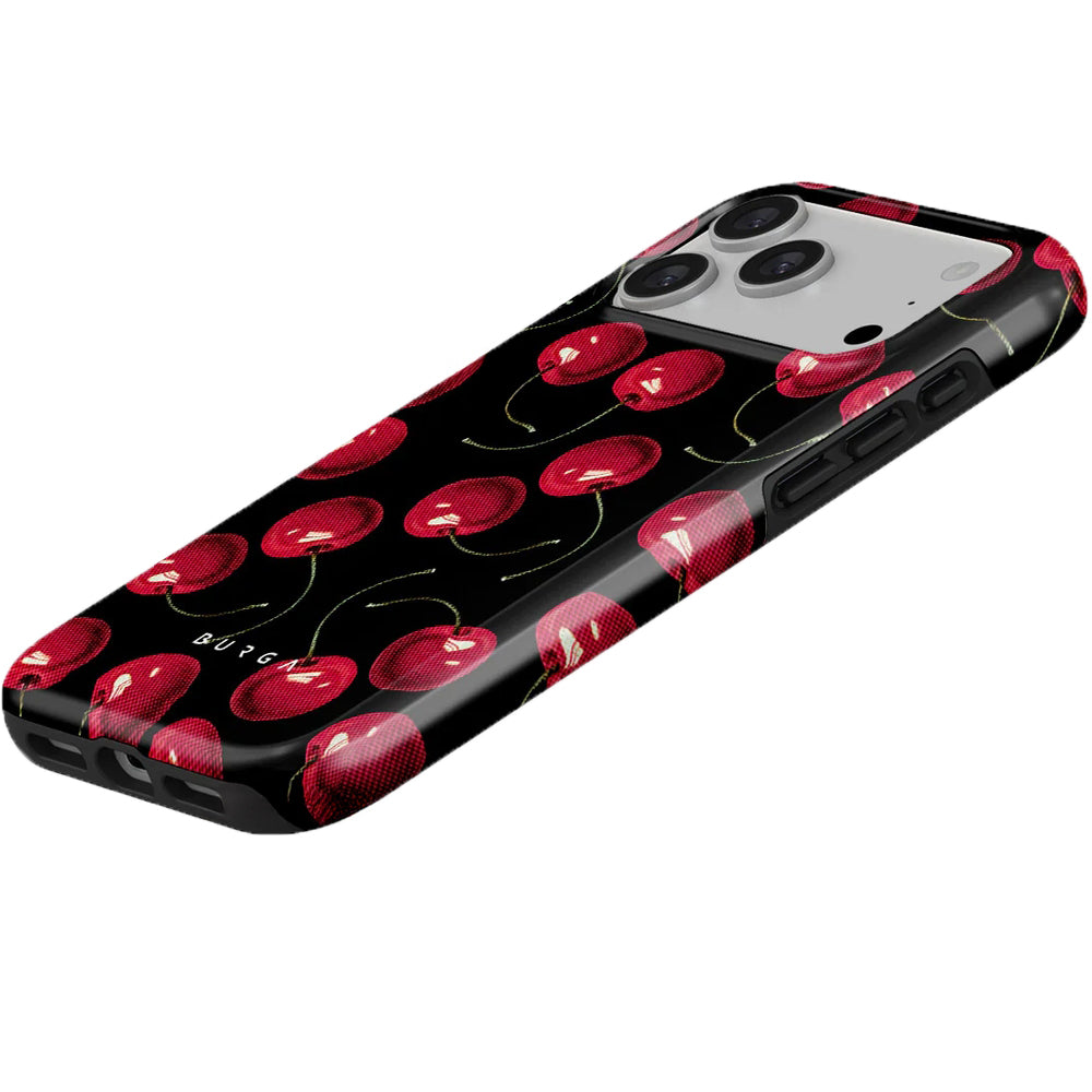 Handyhülle für iPhone 17 Pro Max, Burga Cherrybomb Tough Magnetic, Schwarz mit Kirschen