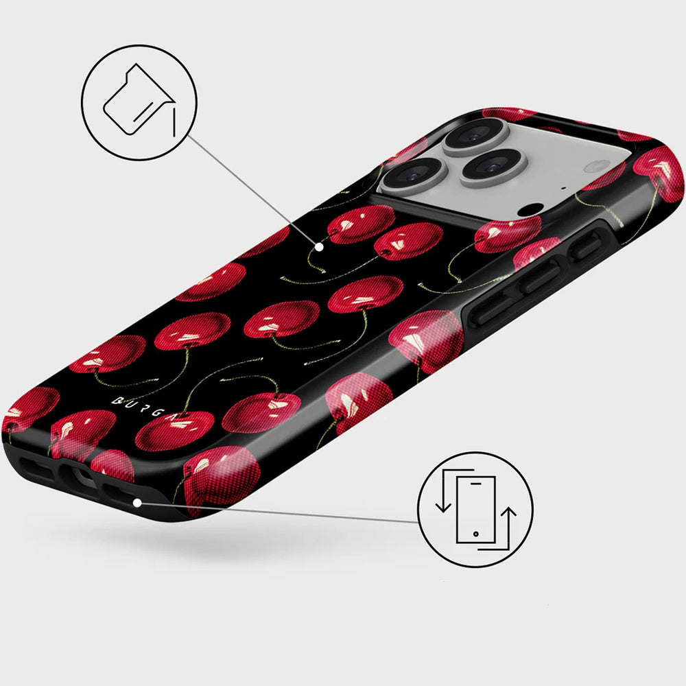 Handyhülle für iPhone 17 Pro, Burga Cherrybomb Tough Magnetic, Schwarz mit Kirschen