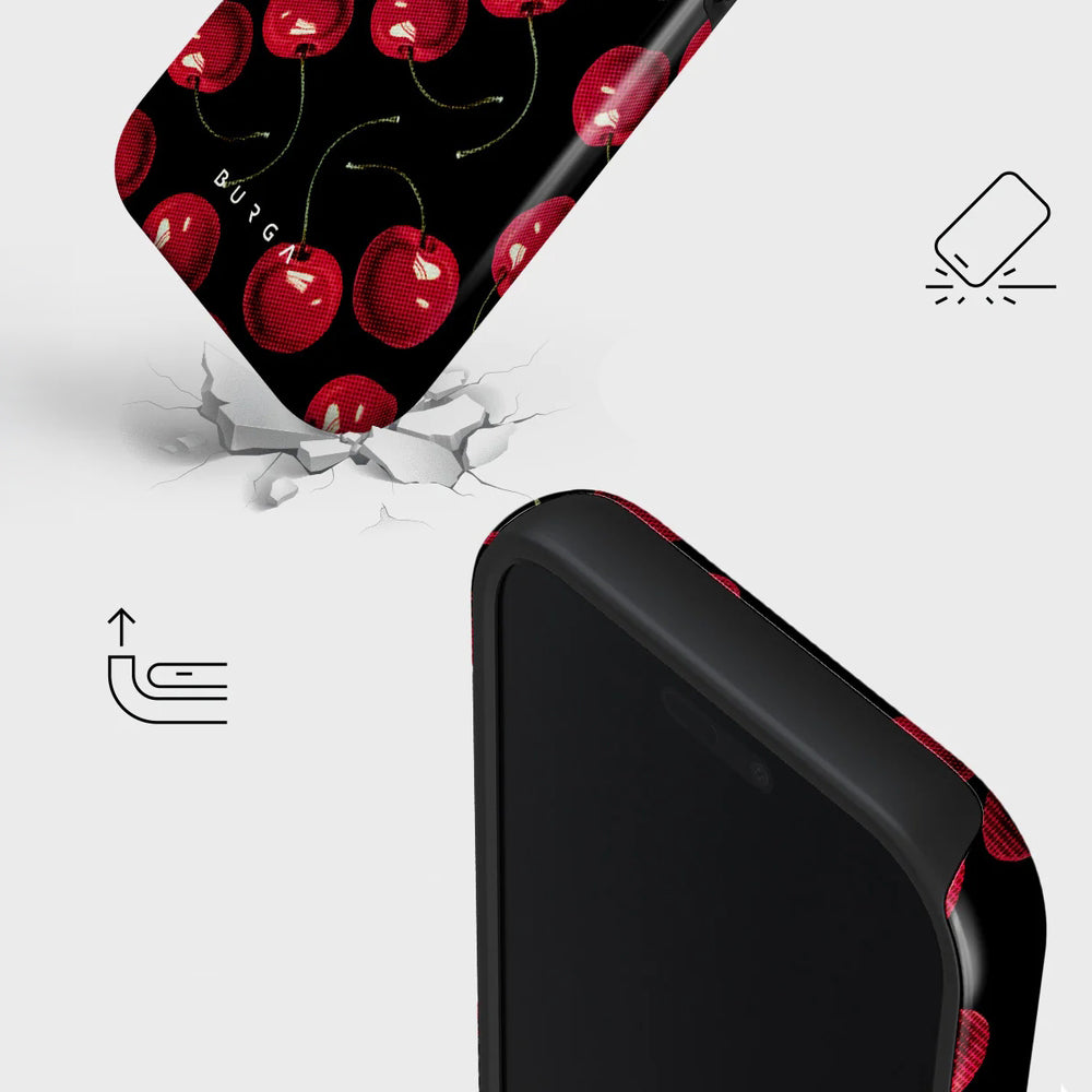 Handyhülle für iPhone 17 Pro, Burga Cherrybomb Tough Magnetic, Schwarz mit Kirschen