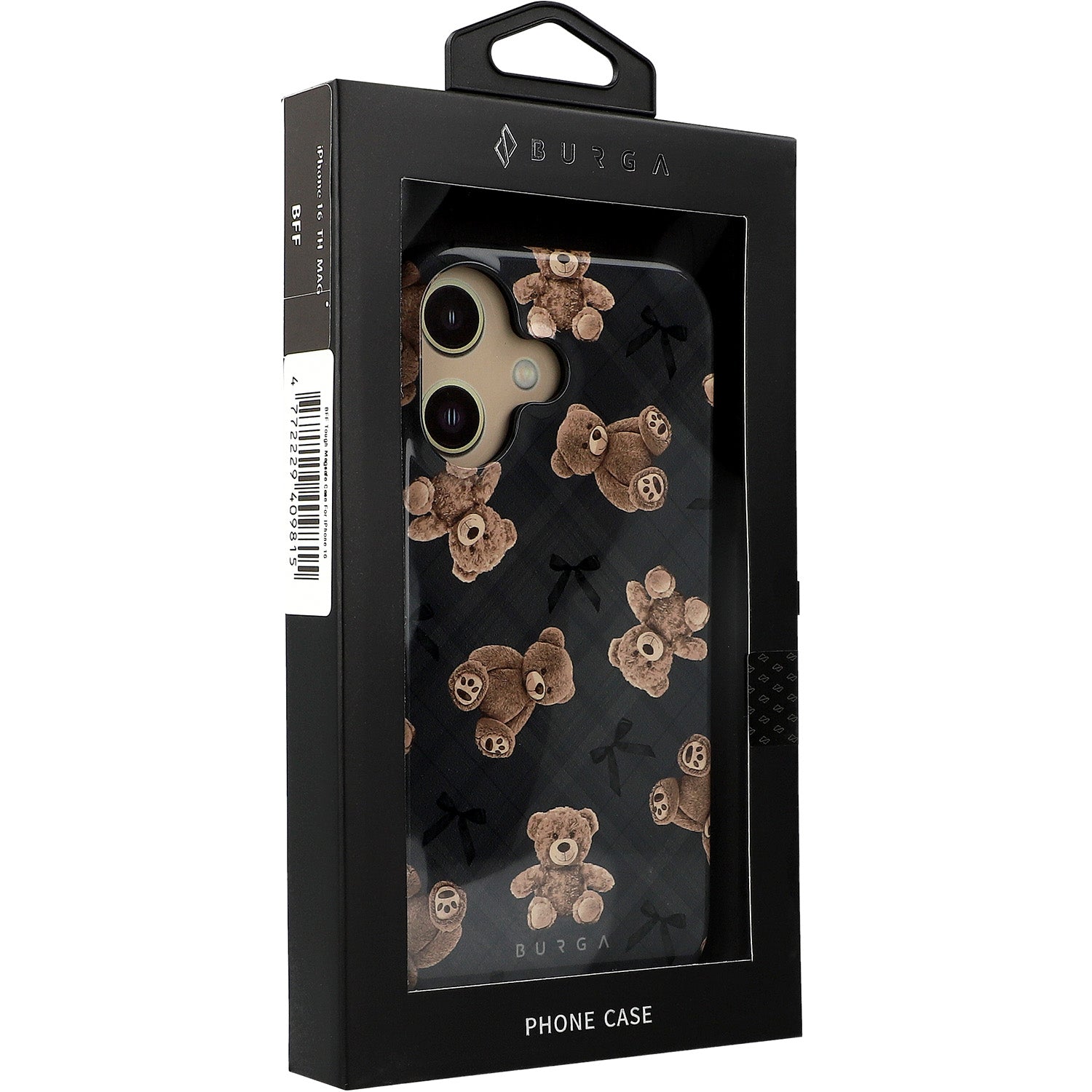 Handyhülle für iPhone 16, Burga BFF Tough Magnetic, Grau mit Teddybären