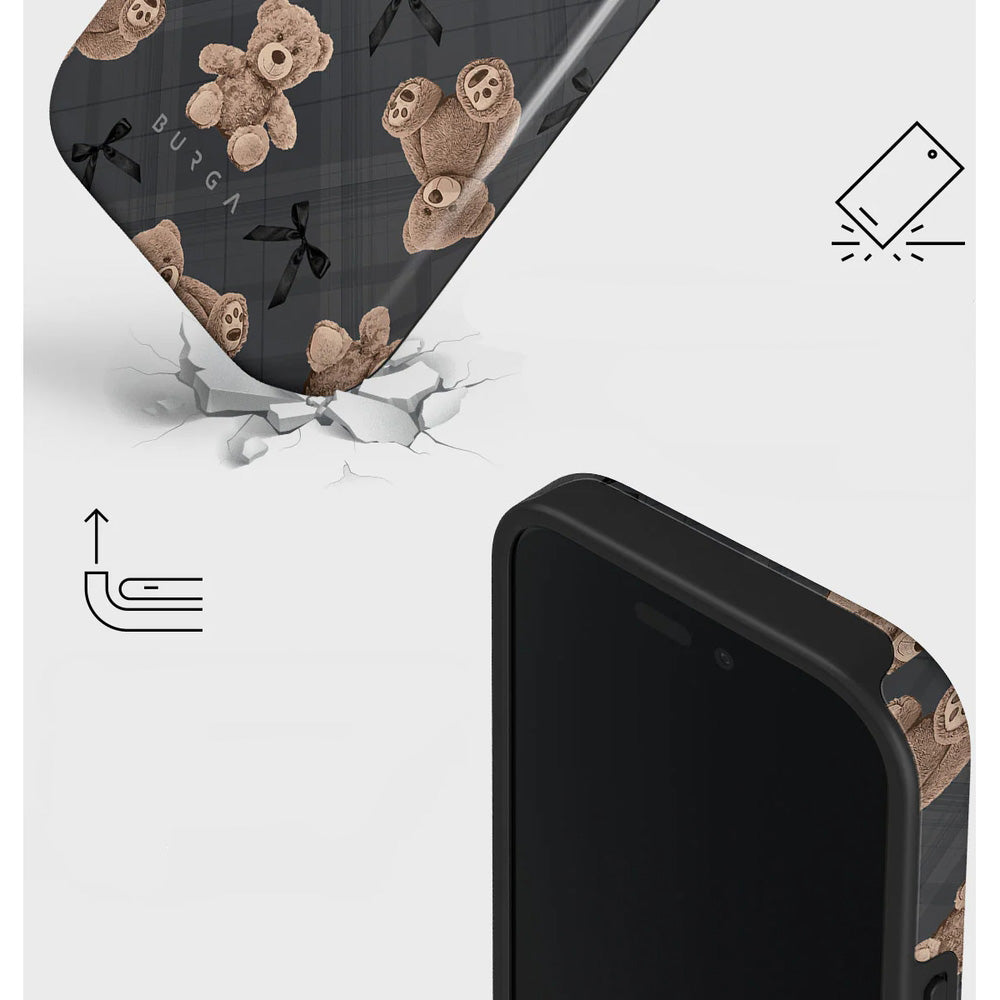 Handyhülle für iPhone 16, Burga BFF Tough Magnetic, Grau mit Teddybären