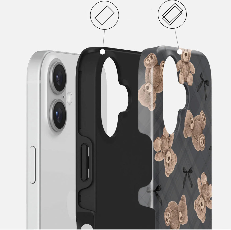 Handyhülle für iPhone 16, Burga BFF Tough Magnetic, Grau mit Teddybären