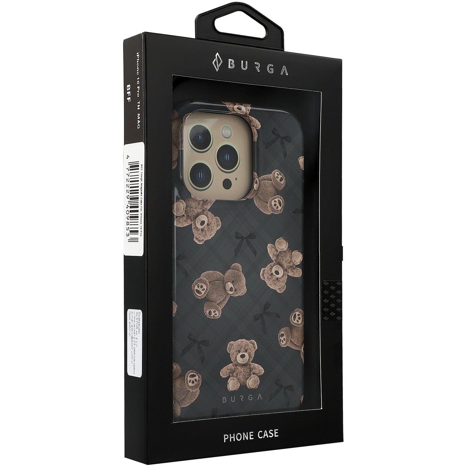 Handyhülle für iPhone 16 Pro, Burga BFF Tough Magnetic, Grau mit Teddybären