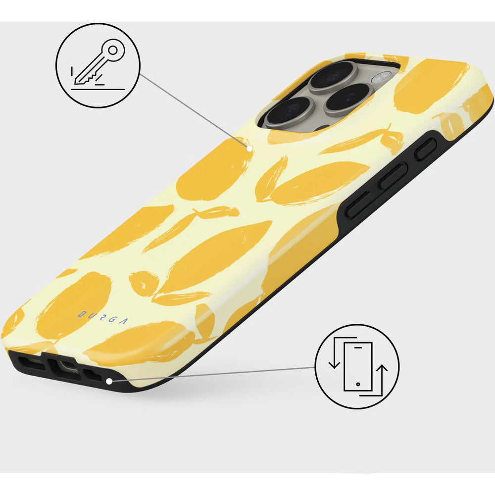 Handyhülle für iPhone 16 Pro, Burga Lemon Tart Tough Magnetic, Gelb mit Zitronenmuster
