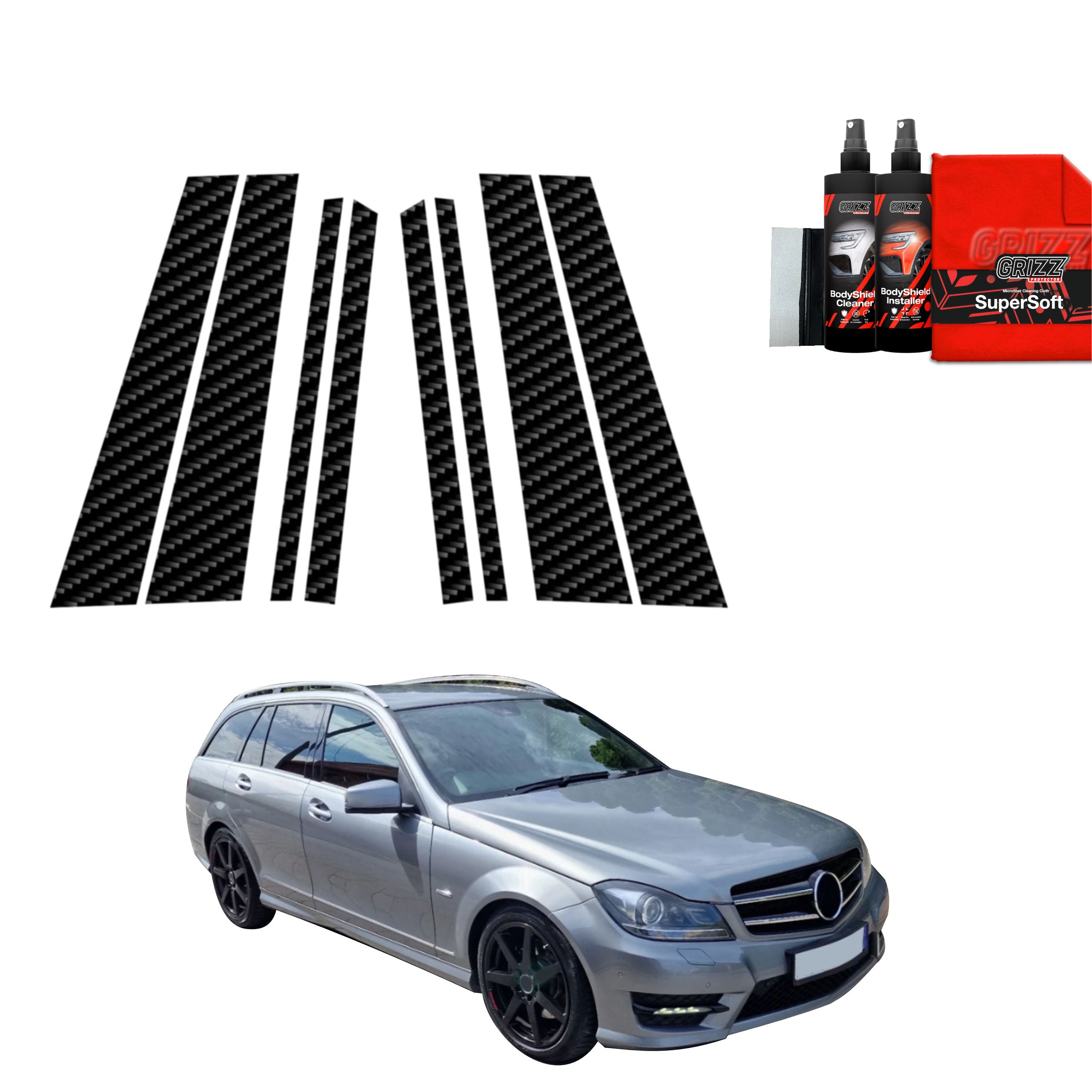 8in1 Kohlenstoff Schutzfolie Grizz Protector für B-C-Säule - Mercedes Benz C Klasse S204 Kombi Facelifting (2011-2014)