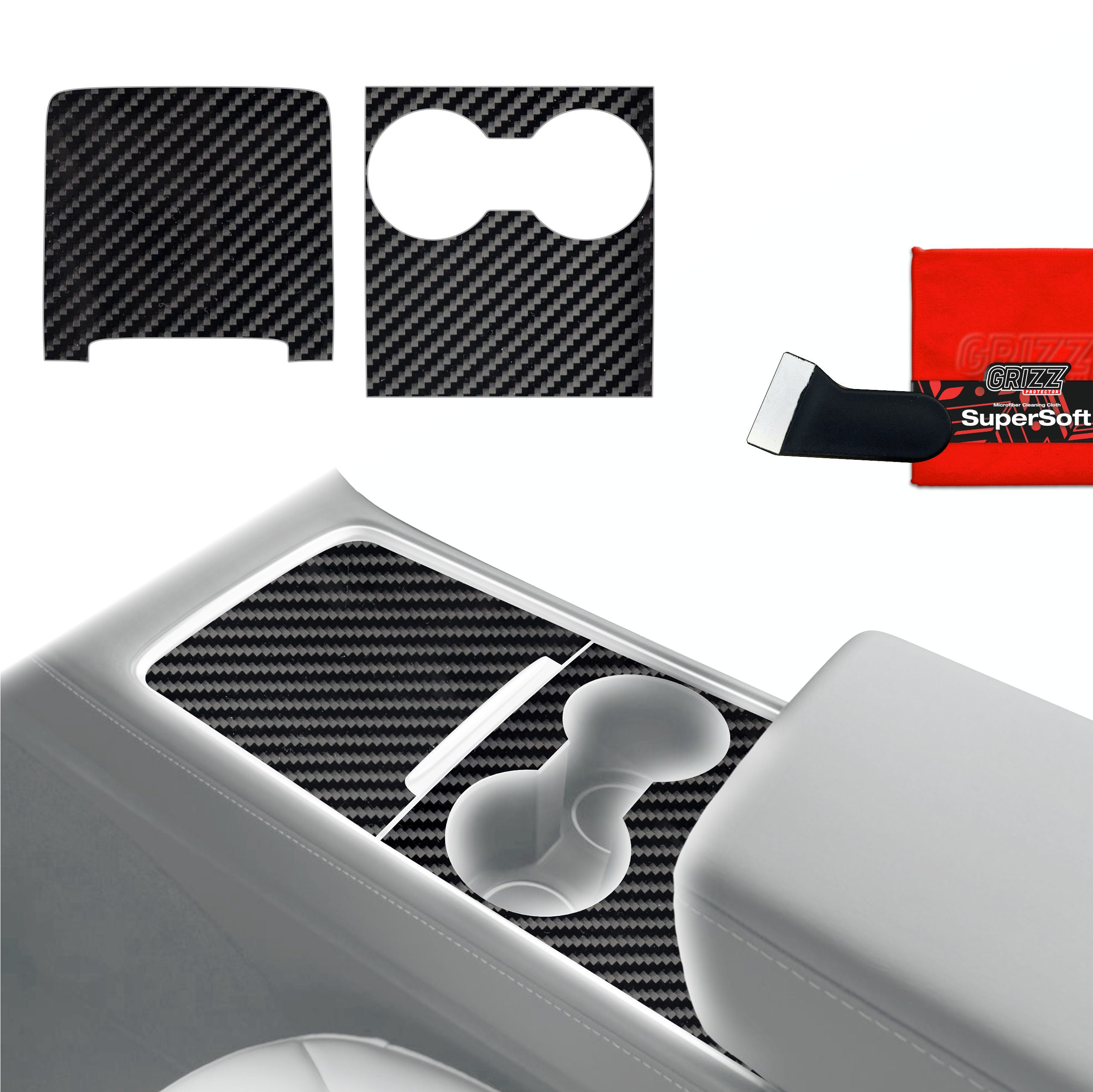 2in1 Schutzfolien Grizz Protector für Mittelkonsole - Tesla Model 3 (2021-2025) Carbon Optik Glanz