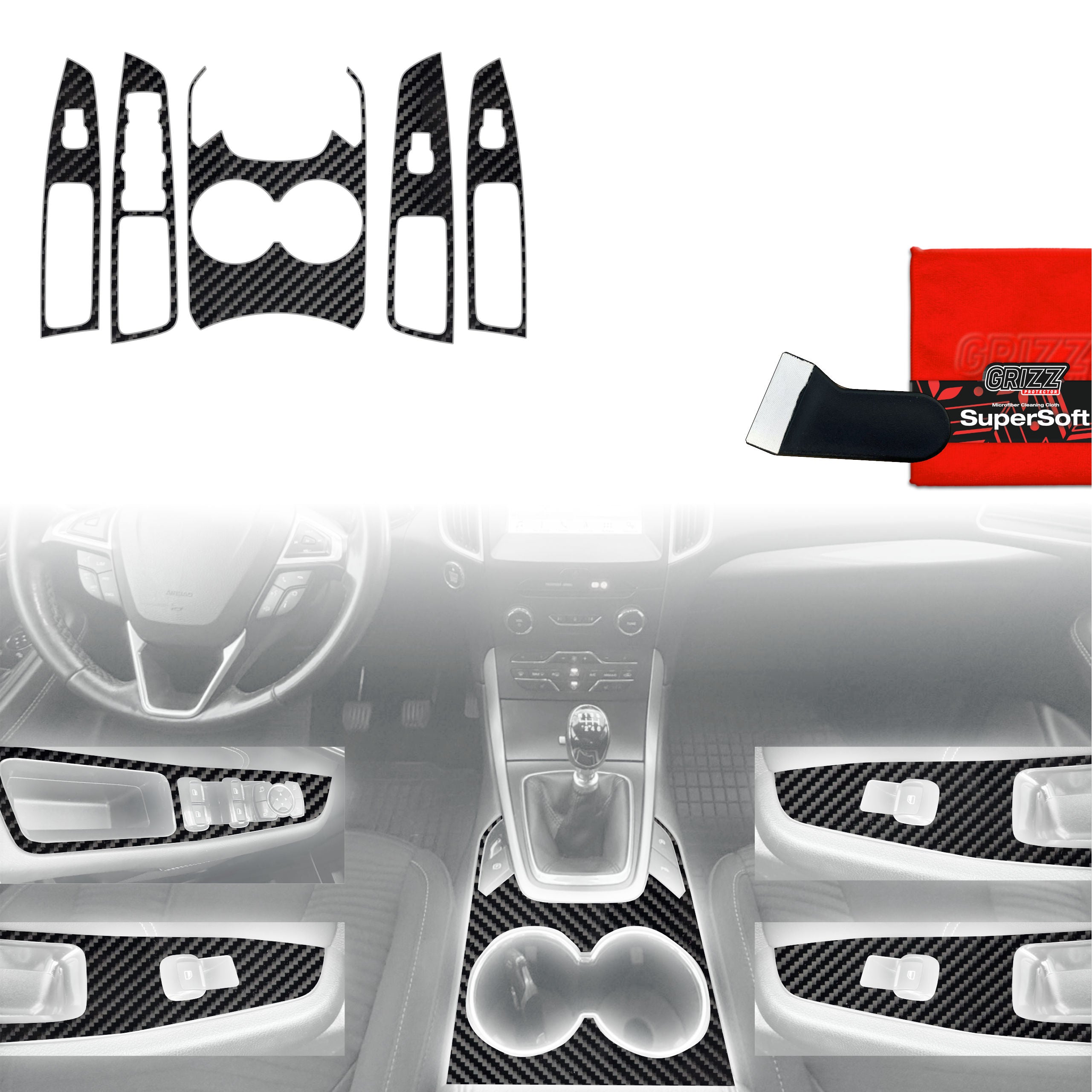5in1 Schutzfolien Grizz Protector für Mittelkonsole - Ford S-Max MK2 (2015-2023) Carbon Optik Glanz