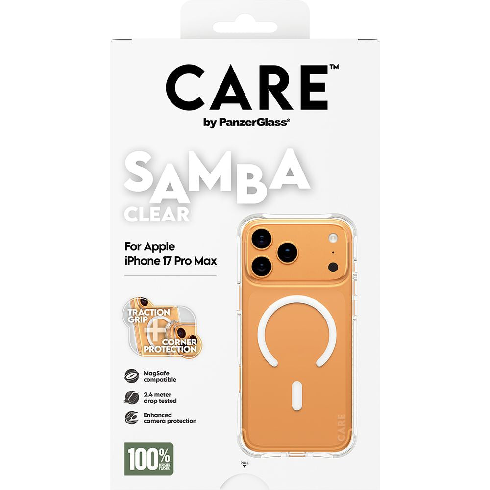 Handyhülle für iPhone 17 Pro Max, CARE by PanzerGlass Fashionable Samba MagSafe, Transparent und Weiß