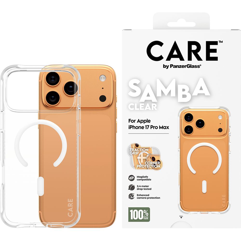 Handyhülle für iPhone 17 Pro Max, CARE by PanzerGlass Fashionable Samba MagSafe, Transparent und Weiß