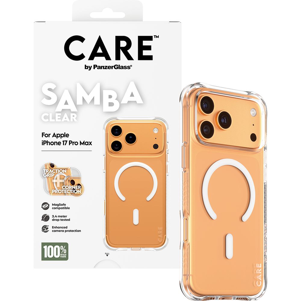 Handyhülle für iPhone 17 Pro Max, CARE by PanzerGlass Fashionable Samba MagSafe, Transparent und Weiß