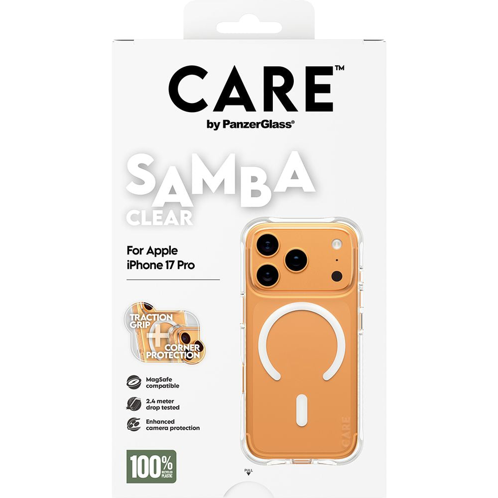 Handyhülle für iPhone 17 Pro, CARE by PanzerGlass Fashionable Samba MagSafe, Transparent und Weiß