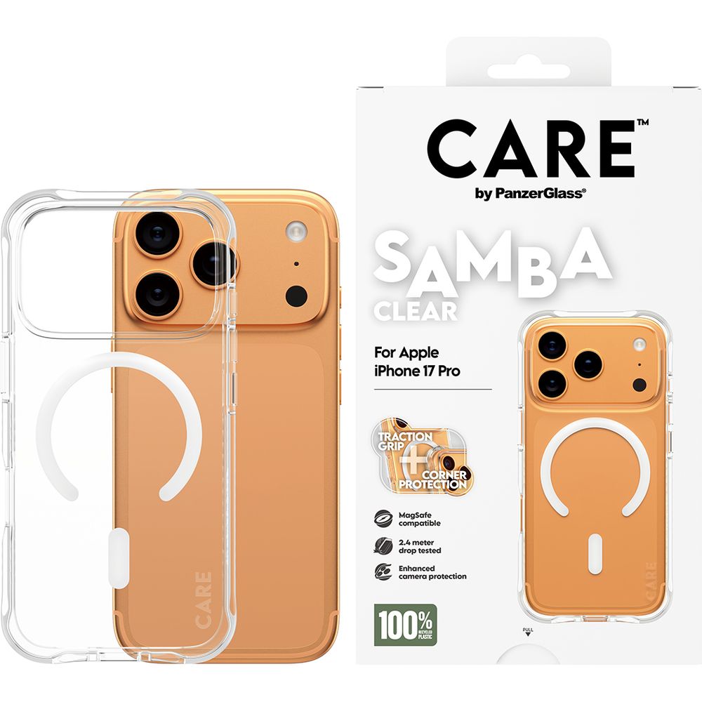 Handyhülle für iPhone 17 Pro, CARE by PanzerGlass Fashionable Samba MagSafe, Transparent und Weiß