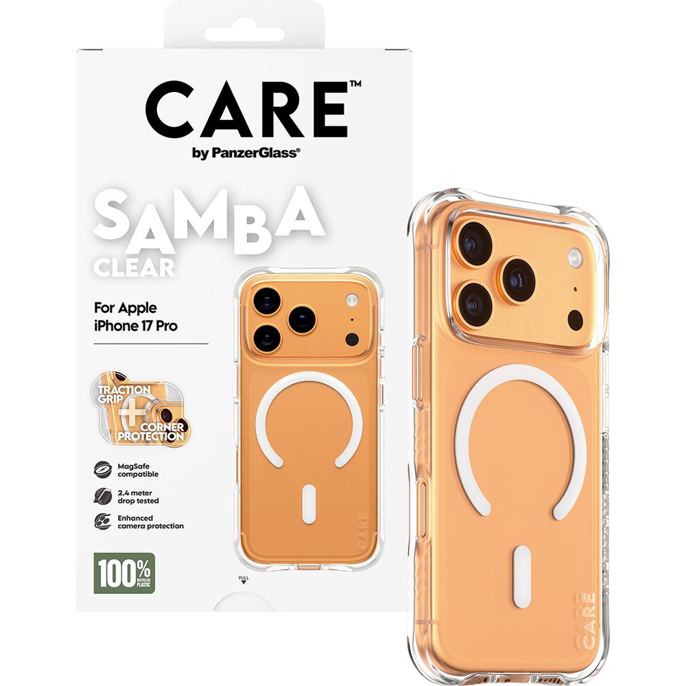 Handyhülle für iPhone 17 Pro, CARE by PanzerGlass Fashionable Samba MagSafe, Transparent und Weiß