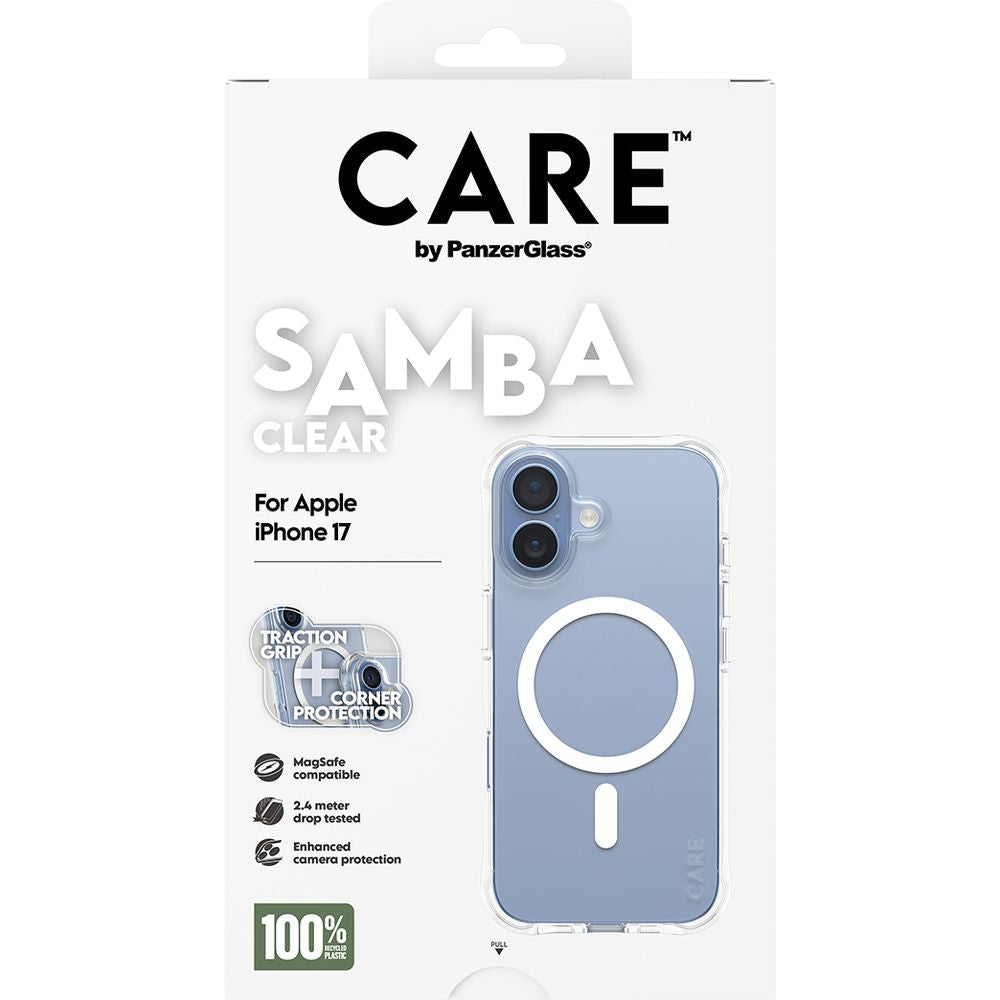 Handyhülle für iPhone 17, CARE by PanzerGlass Fashionable Samba MagSafe, Transparent und Weiß